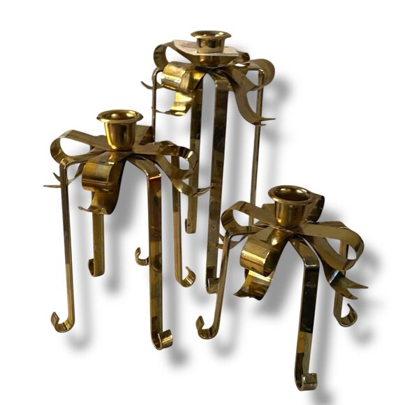 Bows Galore Vintage 1980's Brass Bow Candle Stick Holders Set of 3 Christmas - Picture 1 of 13